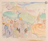 Juan-les-Pins, ombrelles by Maud Hunt Squire, Aquarelle et crayon noir sur papier contrecollé sur carton, sold Apr 2026
