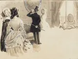 La visite de l'appartement de Marie du Plessis, Ill. de "La Dame aux Camelias" A. Dumas fils, Ed. Calmann-Levy p.1 (carte de visite de l'artiste) by Georges Jordic-Pignon, Encre et gouache bleue, sold Apr 2024