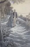C'était joli, c'était charmant, ces deux êtres aux bras liés" Sur l'eau de Maupassant, Ed. Ollendorf p.69 by Lanos Henri, Encre et gouache bleue, sold Apr 2024