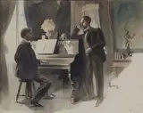 Massival et André Mariolle au piano, Maupassant "notre cœur" Ed. Ollendorf 1902 p.1 by Lelong Rene, Aquarelle signée en bas à droite, sold Apr 2024