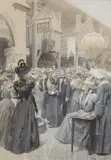 L'incendie du Bazar de la Charité "A 4h la fête bât son plein" paru dans L'Illustration 8 mai 1897 by Marchetti Ludovico, Aquarelle et gouache, sold Apr 2024
