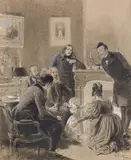 Lorsque l'enfant paraît" debout Théophile Gautier ; Alexandre DUMAS Victor Hugo Ed. Générale Les feuilles d'automne p.1 by Adrien Marie, Encre, plume et gouache blanche, sold Apr 2024