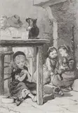 Cosette et sa poupée chez les Thénardiers, Les Misérables de Victor Hugo Ed. nationale "Cosette" p.128 by Adrien Marie, Plume, lavis et gouache blanche, sold Apr 2024