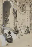 Artistes anamites travaillant au palais à l'Exposition Universelle de 1900 L'Illustration 28 avril 1900 by Georges Scott, Encre et gouache bleue, sold Apr 2024
