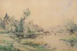 Pêcheurs près d'un étang, au pied d'un village fortifié by Maurice Levis, Aquarelle et crayon sur papier, sold Feb 2024