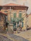 Les femmes à leur travaux devant le Calvaire by Léon Eugène Lambert, Aquarelle sur papier, sold Feb 2024