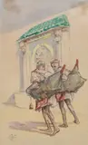 Les porteurs d'eau devant la fontaine Néjarine, Fez by Paul Neri, Aquarelle sur pinceau, sold Oct 2023
