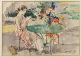 Le thé sur la terrasse, Trévoux 1963 [Denise Charrat] by Louis Charrat, Aquarelle et encre (plume et lavis), sold May 2026