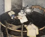 La couture sur la table de la salle à manger by Louis Charrat, Aquarelle et encre (plume et lavis) sur papier monté sur châssis, non signée, sold May 2026