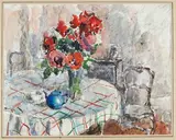 Bouquet de fleurs rouge sur la table by Louis Charrat, Aquarelle et encre (plume), sold May 2026