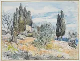 Paysage aux cyprès à Roussillon by Louis Charrat, 1969, Aquarelle et encre (plume), sold May 2026