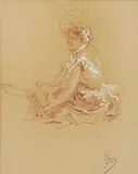 Jeune femme au chapeau assise dans l’herbe by Jules Chéret, Sanguine et rehauts de blanc sur papier beige, sold Apr 2025