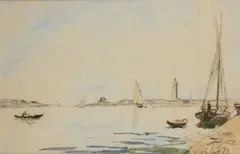 Barque de pêcheurs, voiliers et phare by Johan Jongkind, 1873, Aquarelle et gouache sur papier, sold Apr 2025