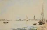 Barque de pêcheurs, voiliers et phare by Johan Jongkind, 1873, Aquarelle et gouache sur papier, sold Apr 2025