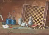 Nature morte au jeu de dame by Johann Rudolf Feyerabend, Aquarelle et gouache signée en bas à droite, sold Mar 2025