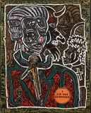 PORTRAIT DE MOZART "I AM THE GREATEST". MOTS ARTS WOLF GANG À MA DÉESSE - 1997 by Robert Combas, Acrylique, collage de pinceau, papier, journaux et écusson sur toile, sold Mar 2025