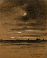 Paysage au clair de lune by François-Auguste Ravier, Crayon noir et rehauts de blanc sur papier beige, sold Dec 2025