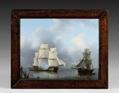 Navires hollandais et anglais by Martinus Schouman, Panneau d'acajou, sold Dec 2025