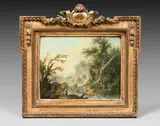 Couple de pêcheurs près d'une rivière by Louis-Gabriel Moreau, Panneau, une planche, non parqueté, sold Dec 2025