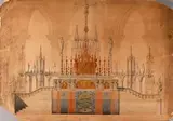 Projet de chaire néo-gothique by Amédée Coudere, Plume et encre noire, lavis gris et brun, aquarelle et rehauts de blanc, sold Nov 2025
