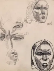 Étude de visages douloureux by Julio González, Plume, encre de Chine, crayon noir sur papier blanc (feuille de cahier dessin), sold Jun 2025