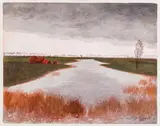 Canal sous un ciel gris (Crépuscule au Keignaert) by Léon Spilliaert, 1931, Aquarelle et encre de Chine sur papier Signée et datée, en bas à droite, sold Jun 2025