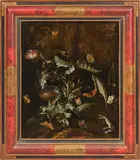 Sous bois avec serpend nid d'oiseaux et belette by Otto Marseus van Schrieck, 1671, Panneau de chene deux planches, non parqueté Hauteur :, sold Apr 2026