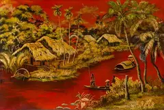 Sampans sur la rivière by Tran Van Ha, Panneau en bois laqué polychrome et or signé en bas à droite, sold Sep 2023