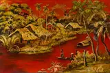 Sampans sur la rivière by Tran Van Ha, Panneau en bois laqué polychrome et or signé en bas à droite, sold Sep 2023