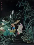 Personnages parmi les lotus by Thanh Le, Panneau en bois laqué polychrome à décor incisé de type coromandel signé en bas à droite e, sold Sep 2023