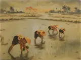 Scène de récolte dans une rizière by Nguyen Thanh Le, Panneau en bois laqué polychrome et rehauts de dorure, sold Mar 2023