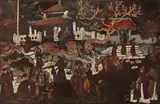 La montée à la pagode by Nguyen The Khang, Panneau en bois laqué polychrome sur fond noir, sold Mar 2023