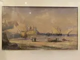 Pêcheurs sur la grève, le fort de Tanger en arrière-plan by Auguste Delacroix, Aquarelle et gouache sur papier, sold Dec 2024