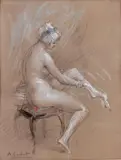Jeune femme assise enfilant un bas by Antoine Calbet, Pastel signé en bas à gauche, sold Feb 2020