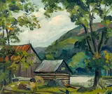 Cabin in a Mountain Landscape (#00480) by James William Shortt, oil on canvas board, sold Feb 2026