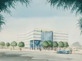 Rendering Zellers Head Office on Décarie Boulevard, Montreal (#00557) by Hugh Thompson, 1986, watercolour on paper, sold Feb 2026