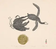 Man Trying to Catch a Goose (0369) by Pitseolak Ashoona, stonecut on paper, sold Jan 2026