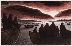 Fire in Indian Bay (00512) by David Blackwood, 1979, etching and aquatint on paper, sold Jan 2026