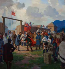 Governor George Simpson Welcomed by James Douglas, Fort St. James, B.C., 17th September 1828 by Adam Sherriff Scott, 1931, oil on canvas, sold Nov 2025