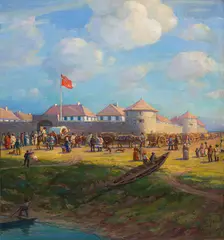 Red River Carts Leaving Fort Garry, 1863 by Adam Sherriff Scott, 1927, oil on canvas, sold Nov 2025