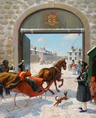 Troops at Upper Fort Garry, 1846–48 by Adam Sherriff Scott, 1945, oil on canvas, sold Nov 2025