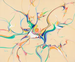 Back to Shinny by Alex Janvier, 1984, acrylic on linen, sold Nov 2025