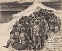 Ten Minutes Rest during Route March on Kiska by E. J. Hughes, 1945, graphite on paperboard, sold Nov 2025