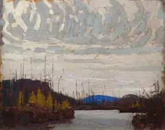 Dawn on Round Lake (Kawawaymog Lake) by Tom Thomson, 1915, oil on panel, sold May 2025