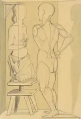 Der Gipsabguß ersetzt das Fleisch by Gottfried Brockmann, 1923, Bleistift auf gelblichem Papier, auf Papier aufgezogen, sold Jun 2021