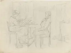 Zwei Künstlerdarstellungen (im Atelier). Bl. 1: Porträtsitzung. Rückseitig: Skizze Goliath und männliche Figur, angelehnt. Bl. 2: Künstler bei der Arbeit (oben), Landschaft mit Dorf (unten). Rückseiti by Ernst oder Bernhard Fries, Jeweils Bleistift auf Hadernpapier, sold Nov 2019