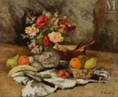 Nature morte aux fruits et aux fleurs by Leon Weissberg, Huile sur toile, sold Nov 2022