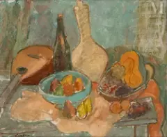 Nature morte aux fruits et à la bouteille by Zygmunt Landau, Huile sur toile, sold Nov 2022