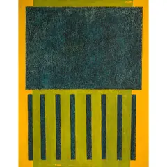 Sans titre, (vert sur bleu sur jaune) by Marcia Hafif, 1962, Huile sur toile, sold Jun 2017