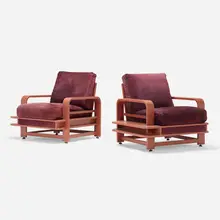 Lounge chairs, pair by Russel Wright, 1935, lacquered wood, upholstery, sold May 2023